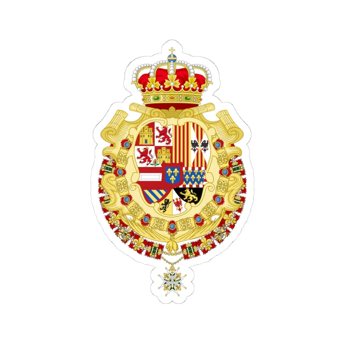 Royal Greater Coat of Arms of Spain 1700-1761 Version with Golden Fleece and Holy Spirit Collars (Spain) (Coat of Arms) STICKER Vinyl Kiss-Cut Decal 4 Inch White - The Sticker Space
