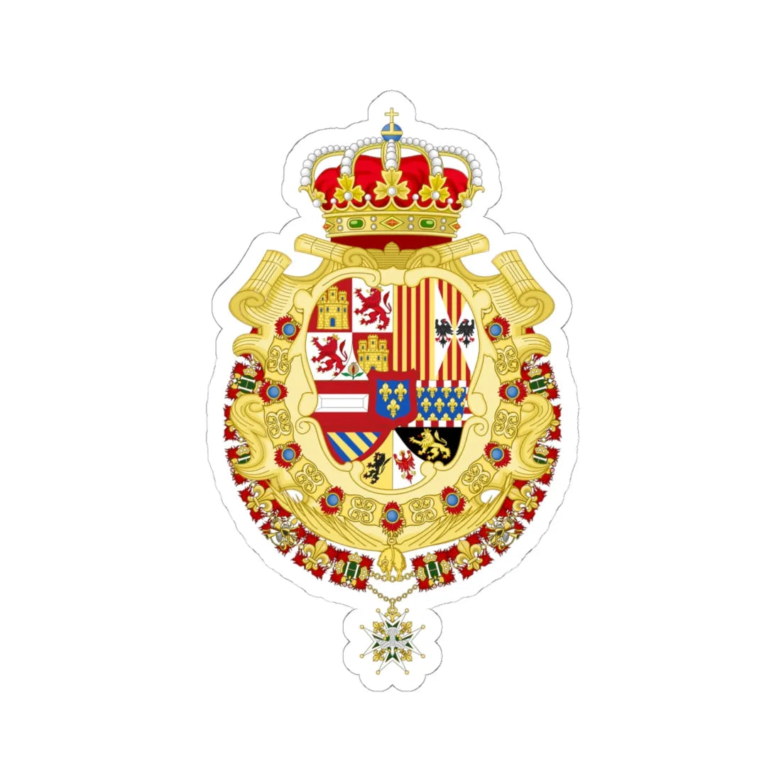 Royal Greater Coat of Arms of Spain 1700-1761 Version with Golden Fleece and Holy Spirit Collars (Spain) (Coat of Arms) STICKER Vinyl Kiss-Cut Decal 6 Inch White - The Sticker Space