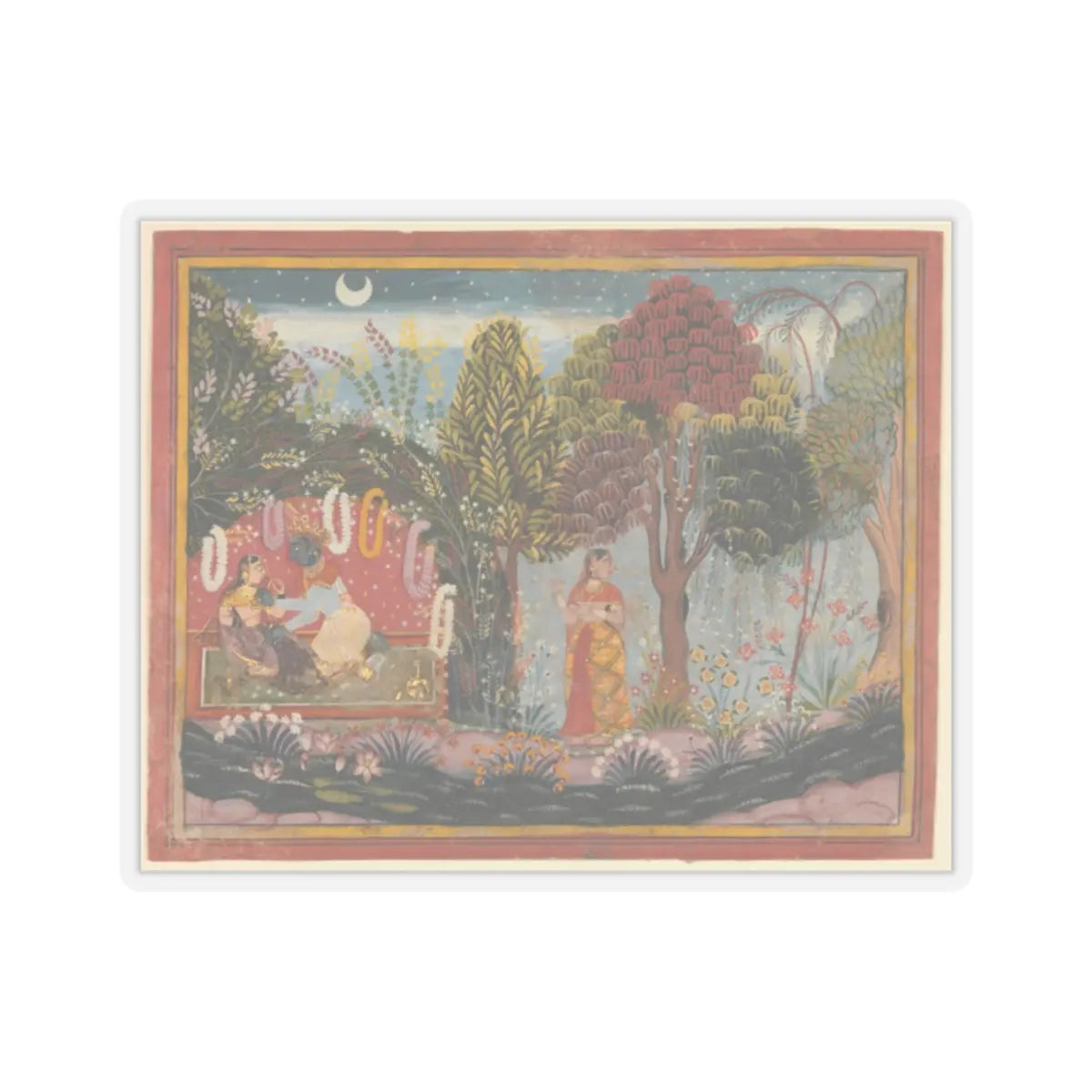 Sahibdin - Krishna and Radha in a Bower- Page From a Dispersed Gita Govinda - ca. 1665 v1 - STICKER Vinyl Kiss-Cut Decal