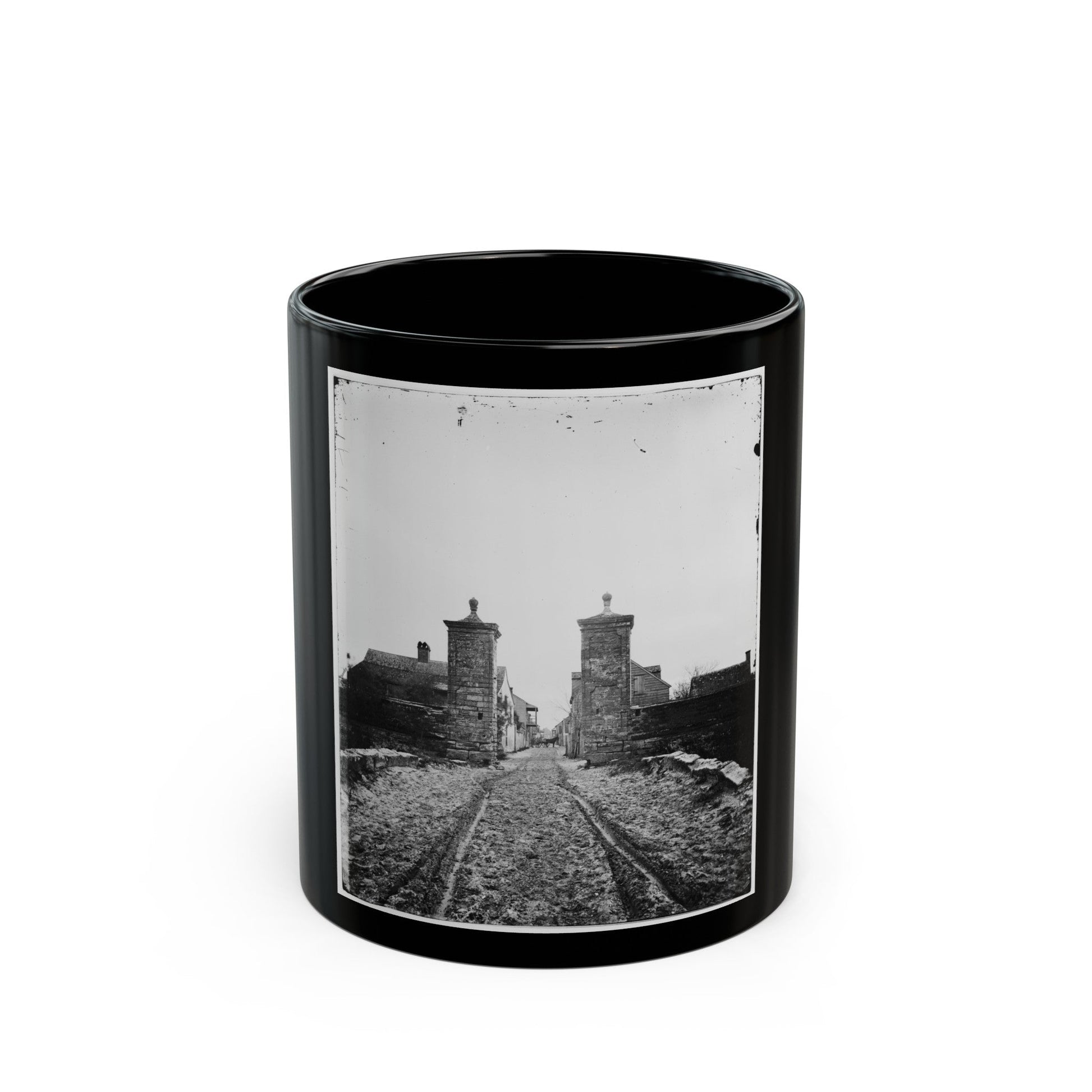 Saint Augustine, Fla. Entrance Gate, With Street And Houses Beyond (U.S. Civil War) Black Coffee Mug-11oz-The Sticker Space