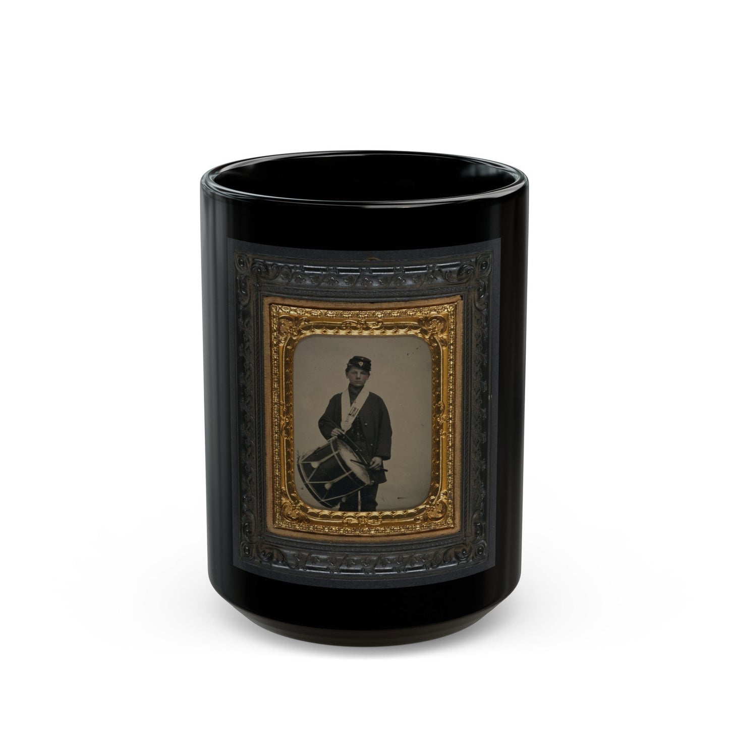 Samuel W. Doble Of Company D, 12th Maine Infantry Regiment, With Drum (U.S. Civil War) Black Coffee Mug-15oz-The Sticker Space