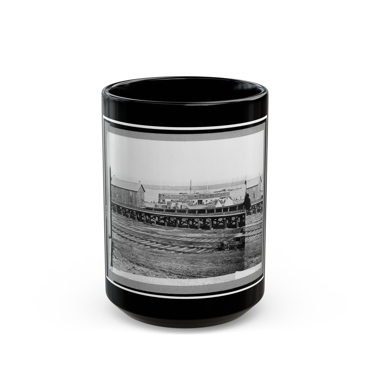 Sanitary Commission Barge At The Docks, City Point, Virginia (U.S. Civil War) Black Coffee Mug-15oz-The Sticker Space