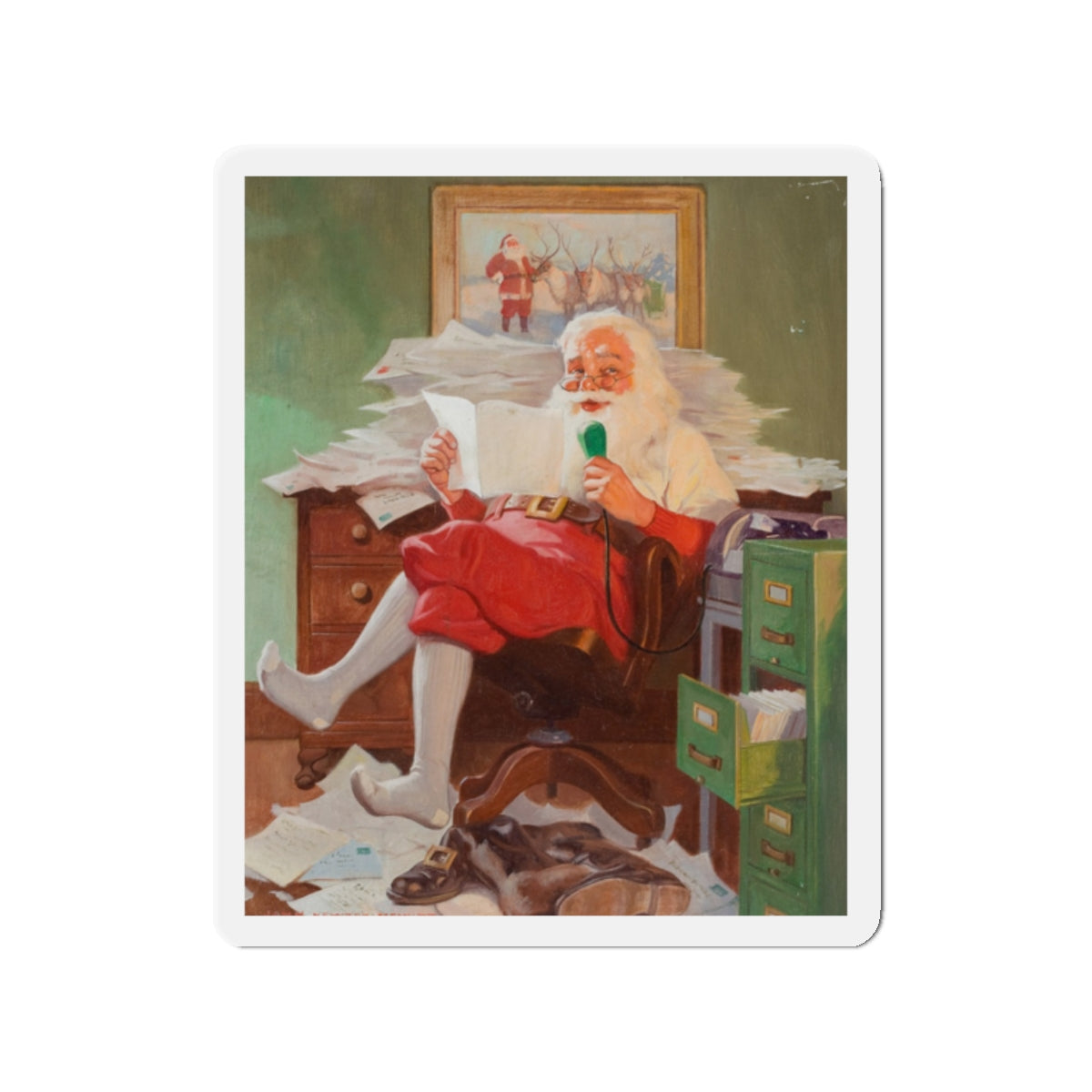 Santa Reading Christmas Letters (Magazine Illustration) Refrigerator Magnet-2" x 2"-The Sticker Space