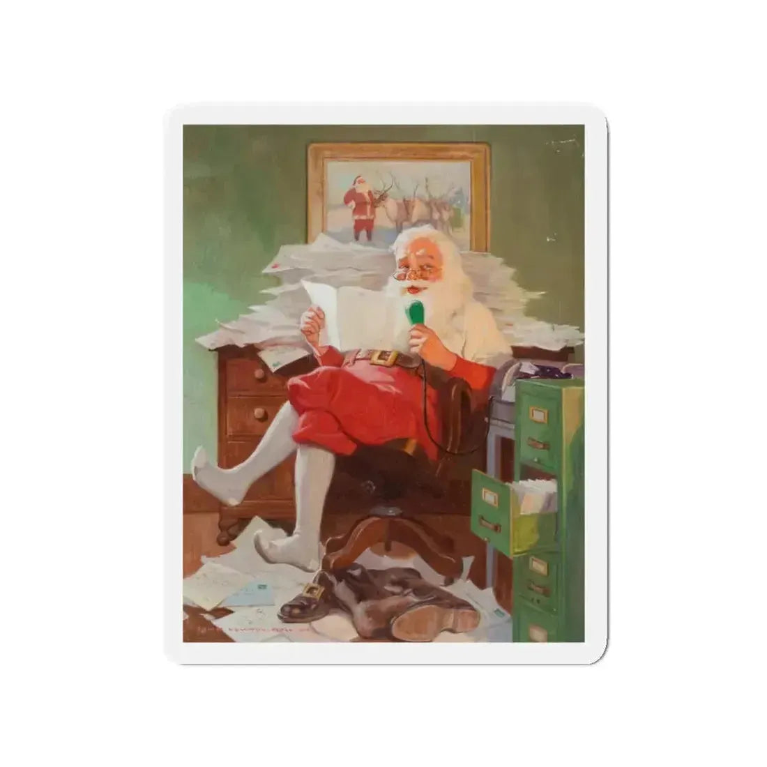 Santa Reading Christmas Letters (Magazine Illustration) Refrigerator Magnet 3 Inch Die-Cut - The Sticker Space