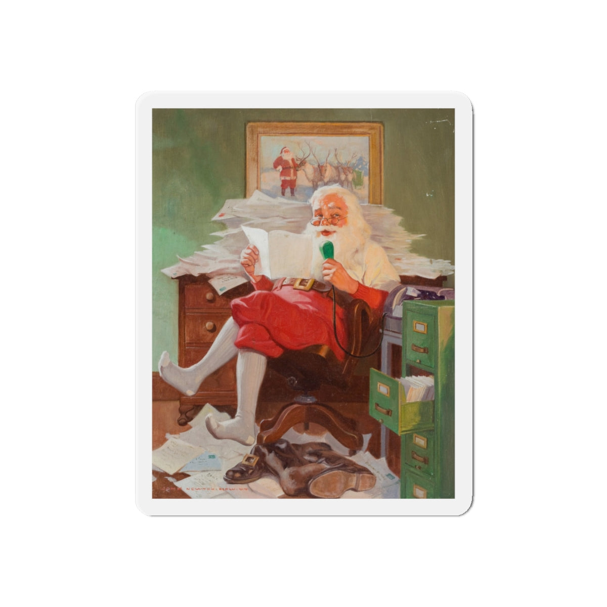 Santa Reading Christmas Letters (Magazine Illustration) Refrigerator Magnet-6 × 6"-The Sticker Space