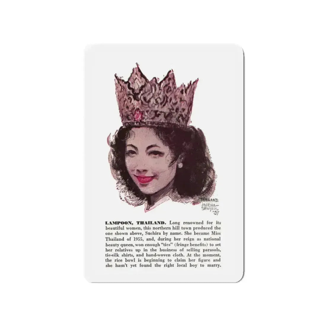 Scetchbook of the Orient (4) - Lampoon, Thailand, Cosmopolitan, March 1958 (Magazine Illustration) Refrigerator Magnet 3 Inch Die-Cut - The Sticker Space