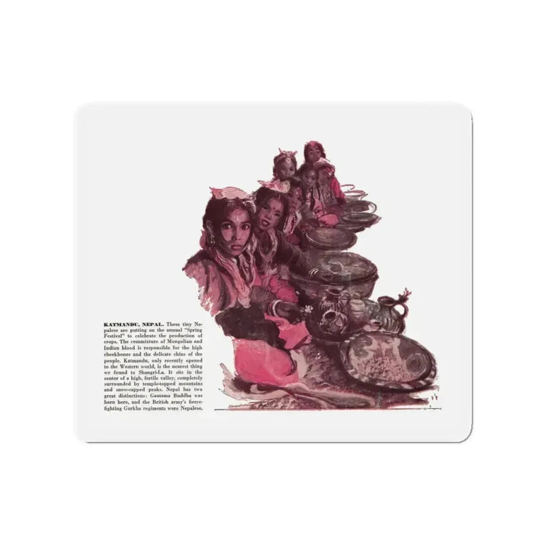 Scetchbook of the Orient (5) - Katmandu, Nepal, Cosmopolitan, March 1958 (Magazine Illustration) Refrigerator Magnet 3 Inch Die-Cut - The Sticker Space