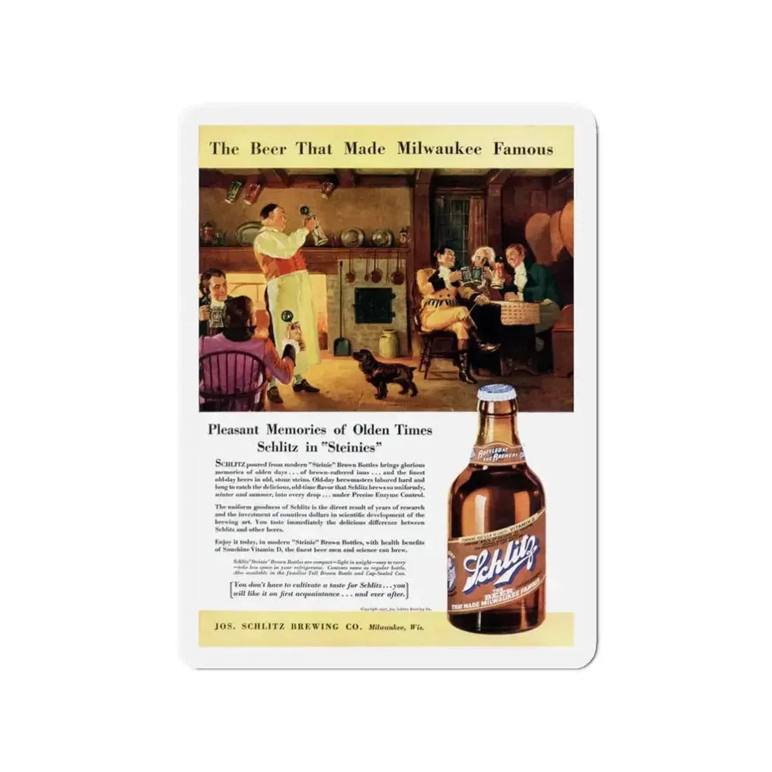 Schlitz Beer ad, The American Magazine, June 1937 (Magazine Illustration) Refrigerator Magnet 3 Inch Die-Cut - The Sticker Space