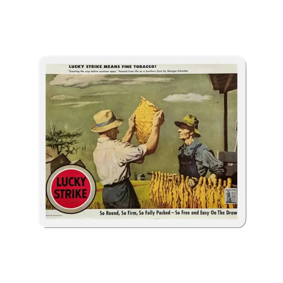 Scouting the Crop Before Auctions Open. Lucky Strike ad, The Saturday Evening Post, January 2, 1943 (Magazine Illustration) Refrigerator Magnet 2 Inch Die-Cut - The Sticker Space