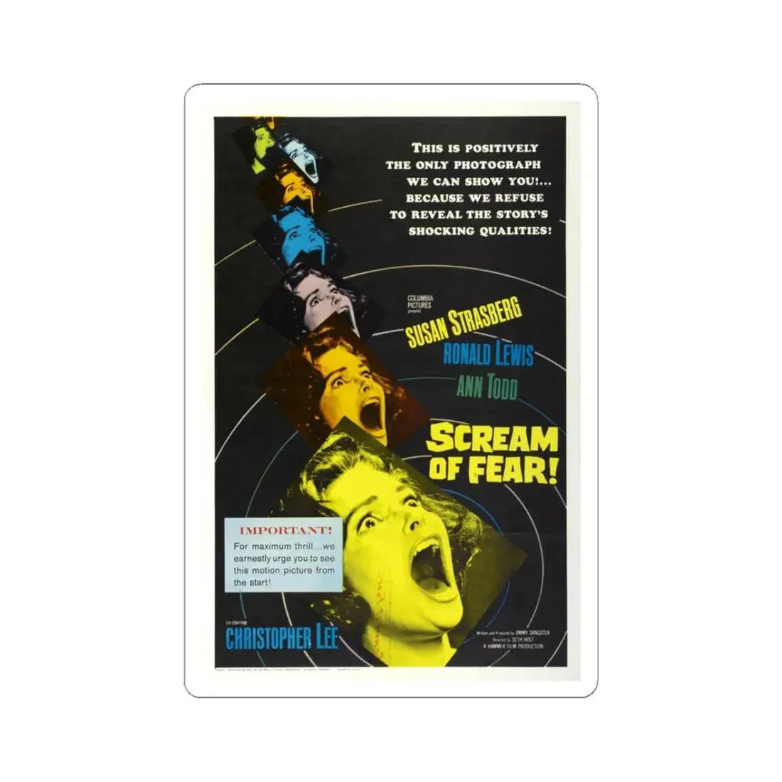 SCREAM OF FEAR 1961 Movie Poster - STICKER Vinyl Kiss-Cut Decal 3 Inch White - The Sticker Space