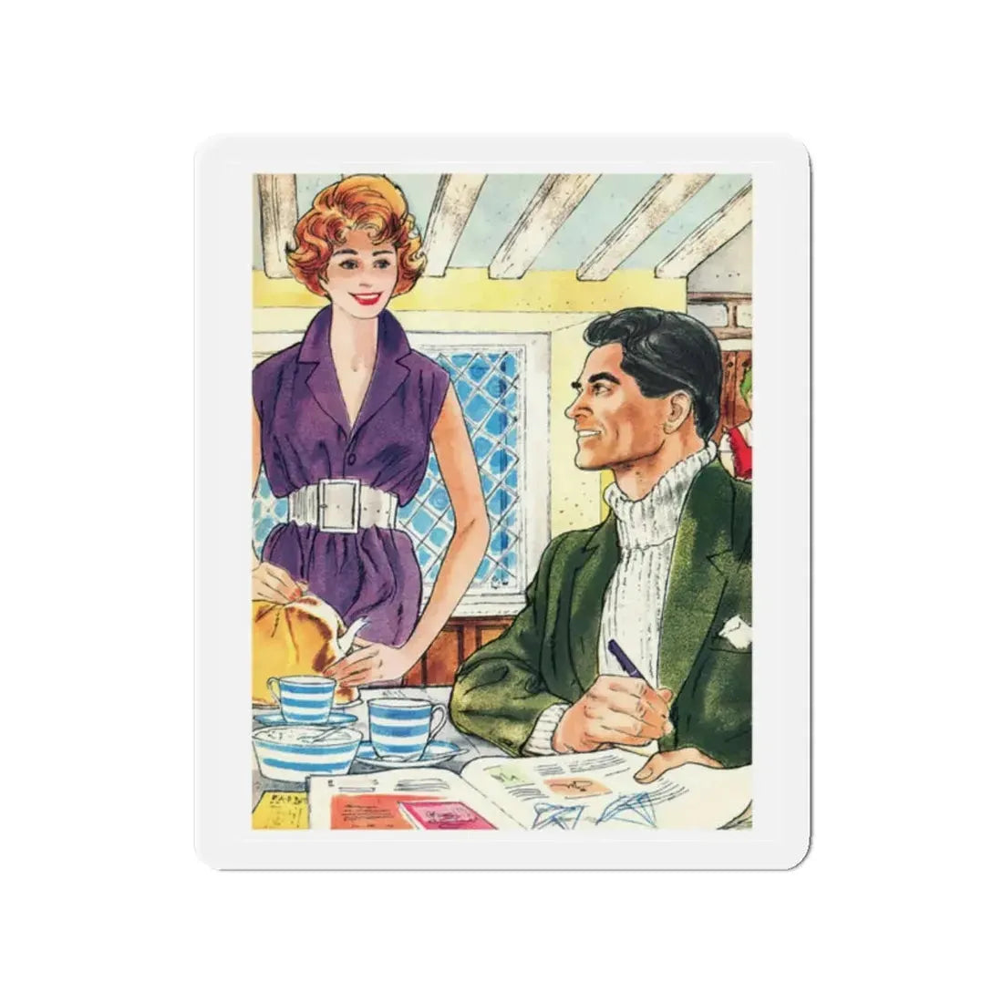 Sea Breeze by Anne Campbell, Woman's Realm, 1960 (Magazine Illustration) Refrigerator Magnet 2 Inch Die-Cut - The Sticker Space