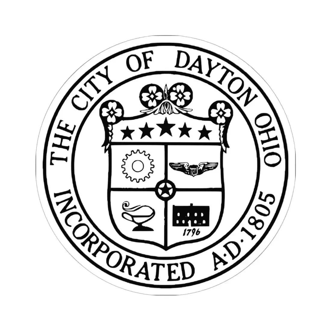 Seal of Dayton Ohio (United States) STICKER Vinyl Kiss-Cut Decal 6 Inch White - The Sticker Space