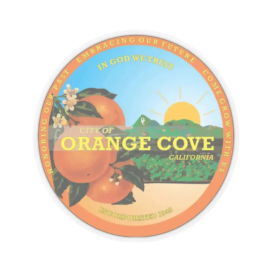 Seal of Orange Cove California - STICKER Vinyl Kiss-Cut Decal 2 Inch Transparent - The Sticker Space