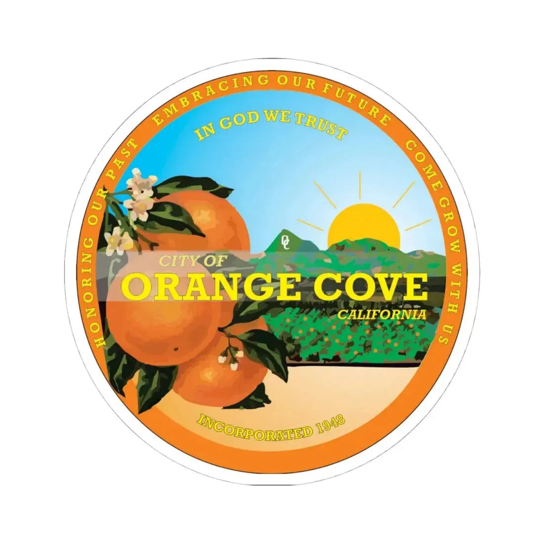 Seal of Orange Cove California - STICKER Vinyl Kiss-Cut Decal 4 Inch White - The Sticker Space