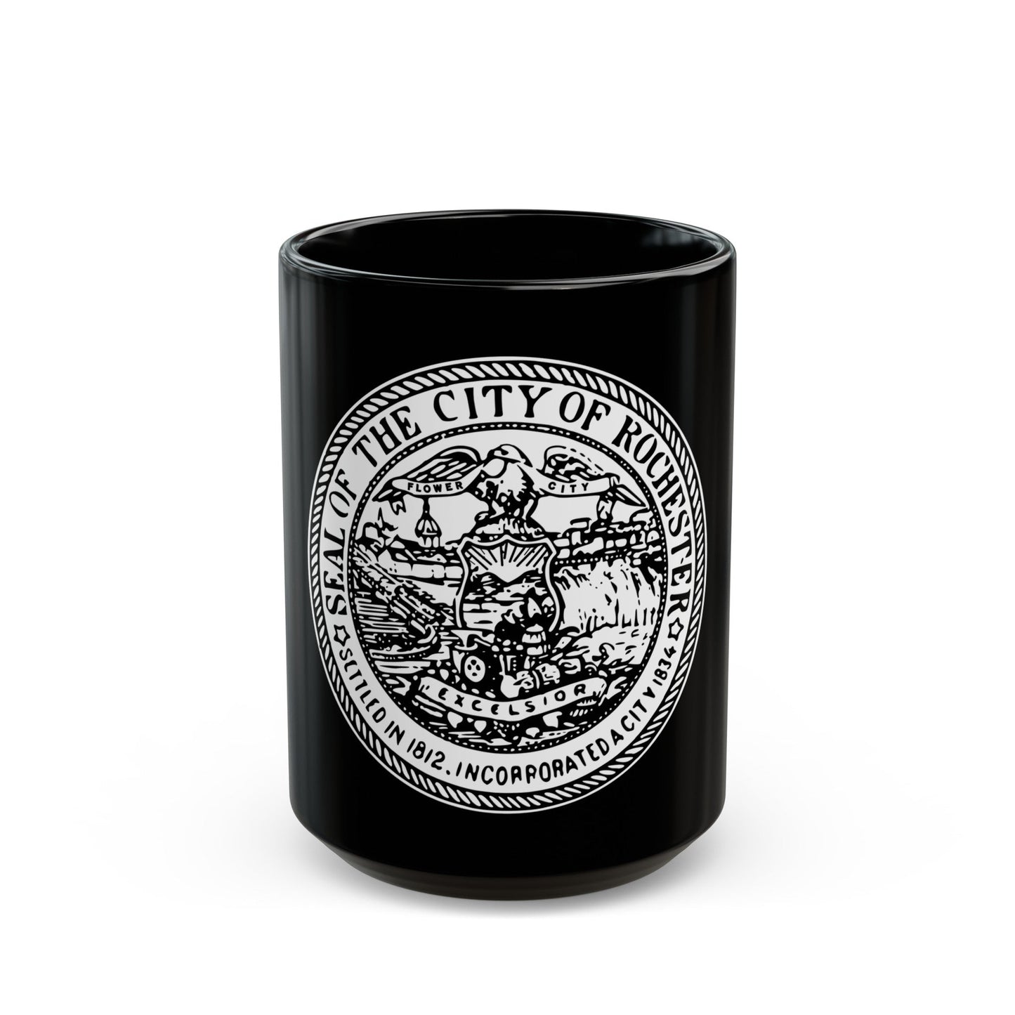 Seal of Rochester New York - Black Coffee Mug-15oz-The Sticker Space