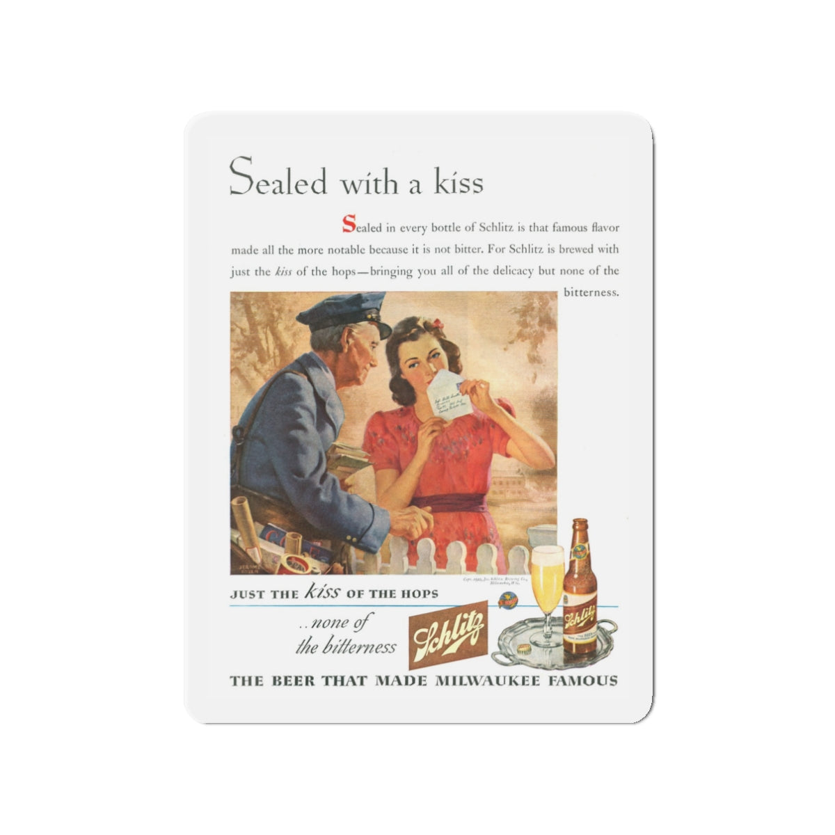 Sealed with a Kiss, Schlitz advt, 1944 (Magazine Illustration) Refrigerator Magnet-3" x 3"-The Sticker Space