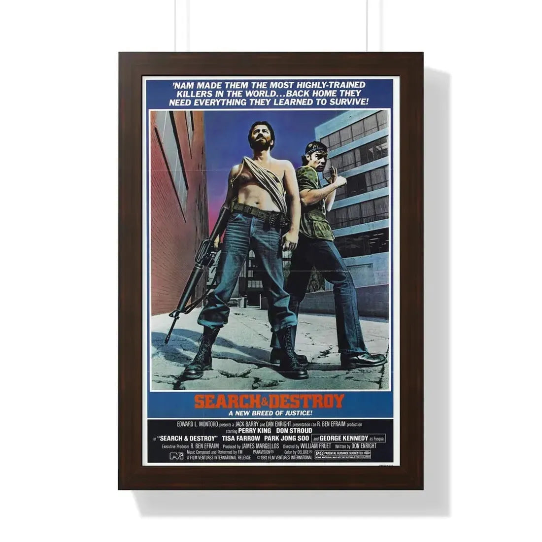 SEARCH AND DESTROY 1979 - Framed Movie Poster 16″ x 24″ Walnut - The Sticker Space