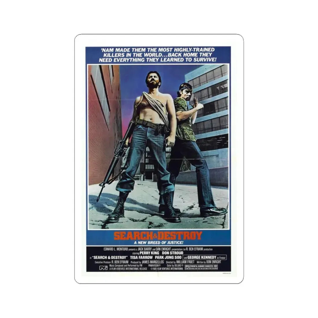 SEARCH AND DESTROY 1979 Movie Poster - STICKER Vinyl Kiss-Cut Decal 3 Inch White - The Sticker Space