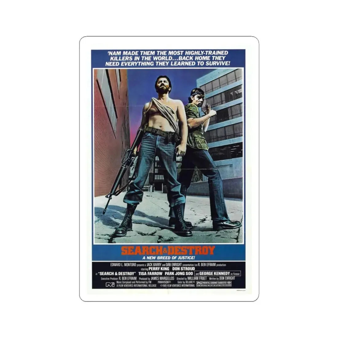 SEARCH AND DESTROY 1979 Movie Poster - STICKER Vinyl Kiss-Cut Decal 4 Inch White - The Sticker Space