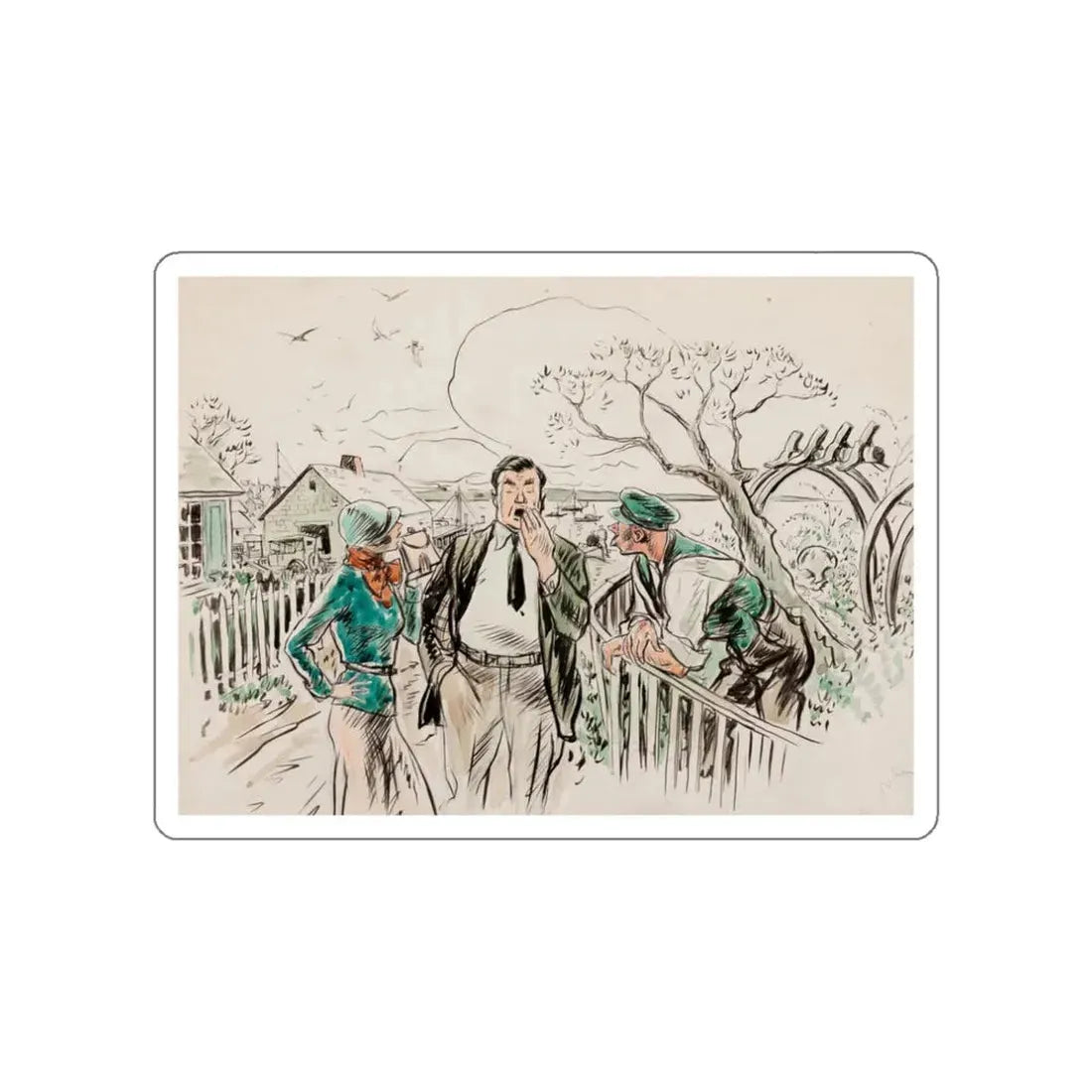 Seaside Town, Woman's Home Companion interior illustration (Magazine Illustration) STICKER Vinyl Die-Cut Decal White Die-Cut 3 Inch - The Sticker Space