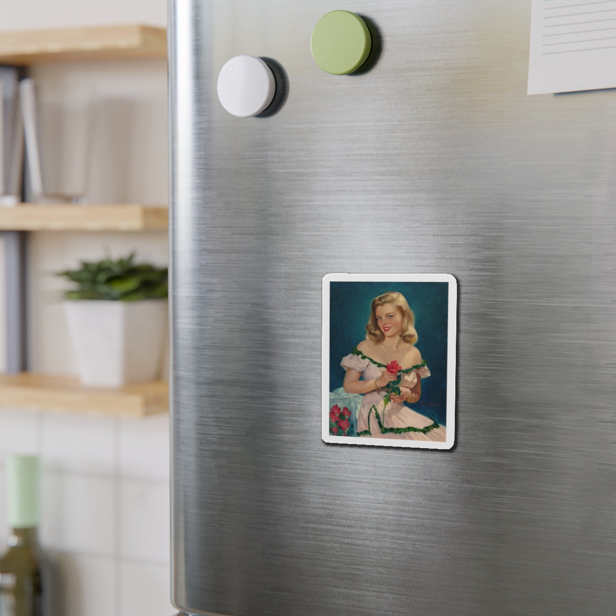 Seated Blonde with Red Roses (Magazine Illustration) Refrigerator Magnet-The Sticker Space