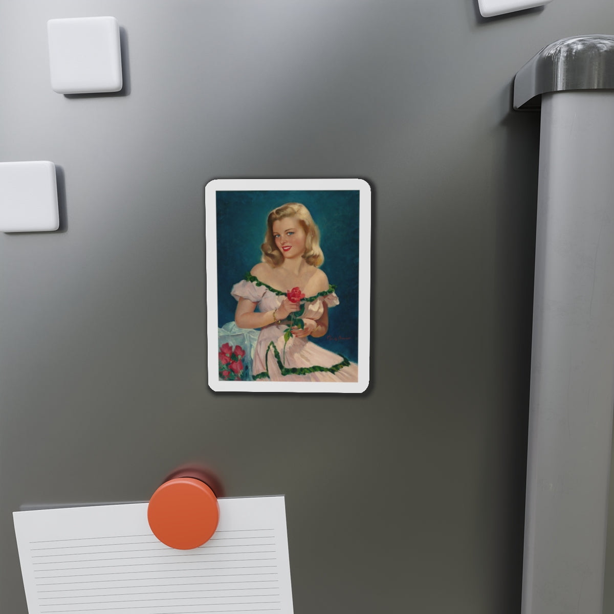 Seated Blonde with Red Roses (Magazine Illustration) Refrigerator Magnet-The Sticker Space