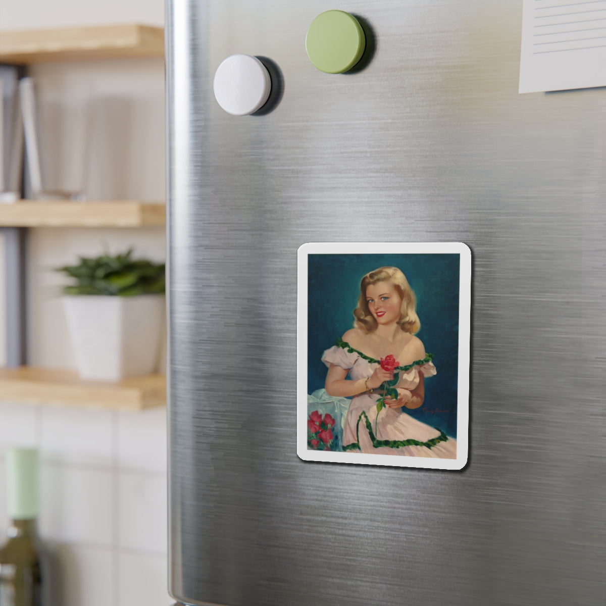 Seated Blonde with Red Roses (Magazine Illustration) Refrigerator Magnet-The Sticker Space