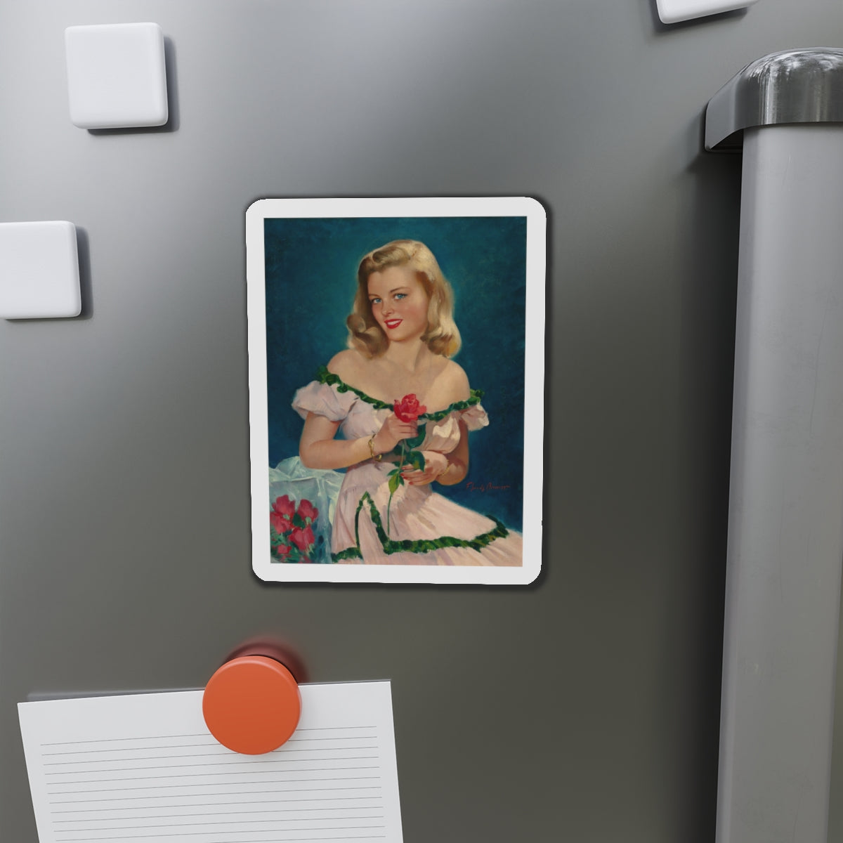 Seated Blonde with Red Roses (Magazine Illustration) Refrigerator Magnet-The Sticker Space