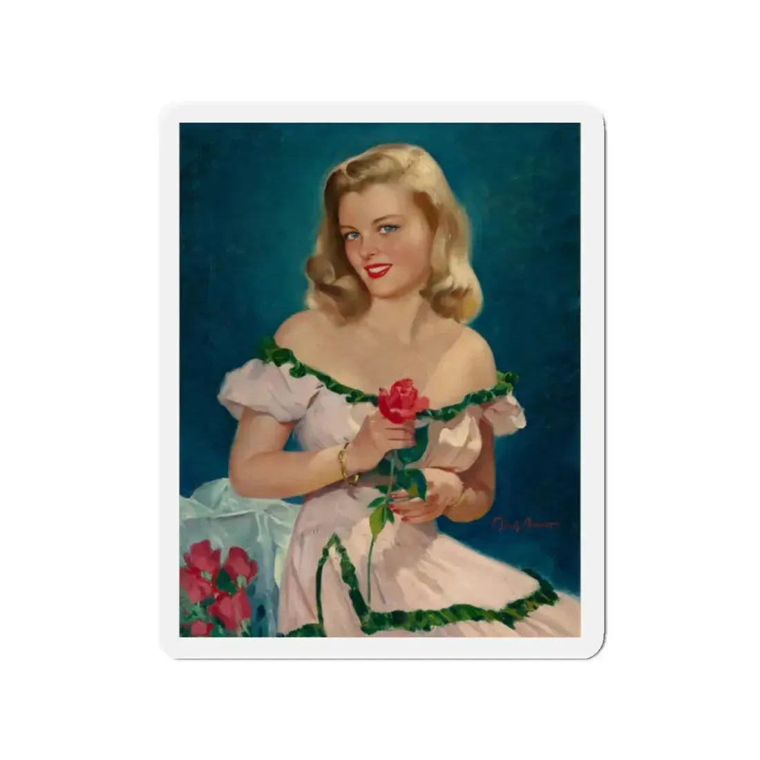 Seated Blonde with Red Roses (Magazine Illustration) Refrigerator Magnet 2 Inch Die-Cut - The Sticker Space