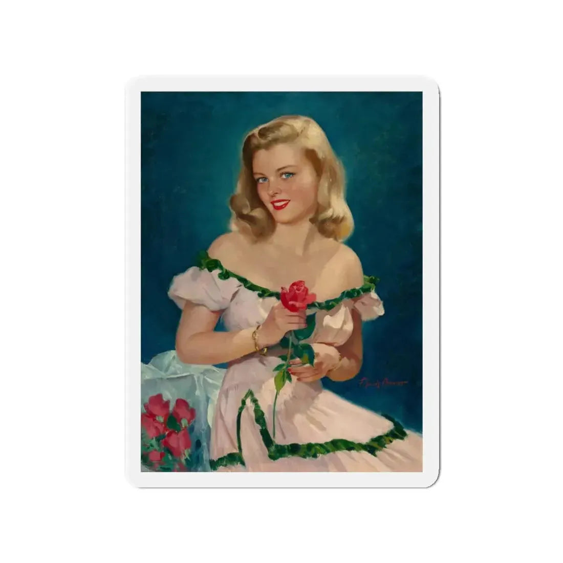 Seated Blonde with Red Roses (Magazine Illustration) Refrigerator Magnet 3 Inch Die-Cut - The Sticker Space