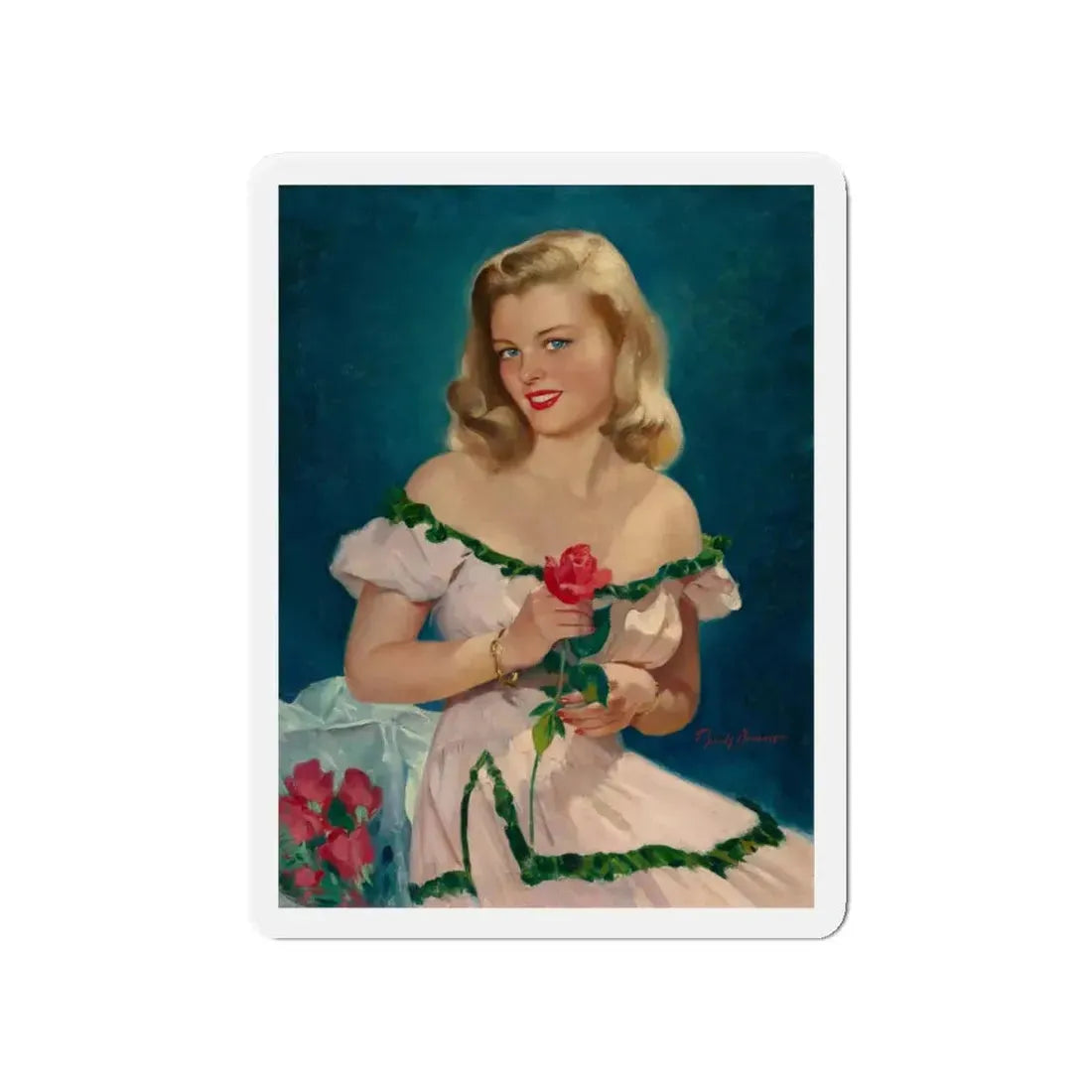 Seated Blonde with Red Roses (Magazine Illustration) Refrigerator Magnet 4 Inch Die-Cut - The Sticker Space