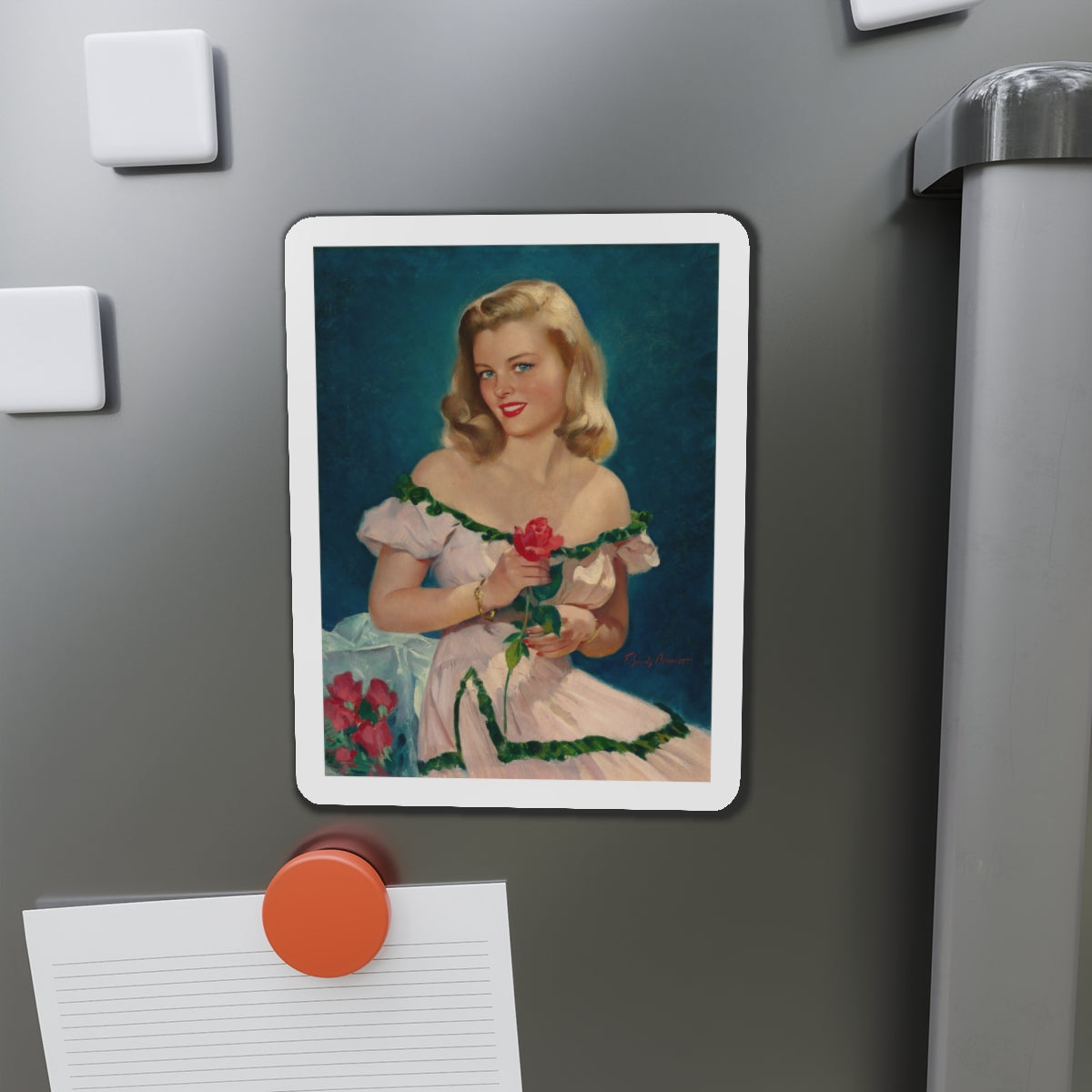 Seated Blonde with Red Roses (Magazine Illustration) Refrigerator Magnet-The Sticker Space