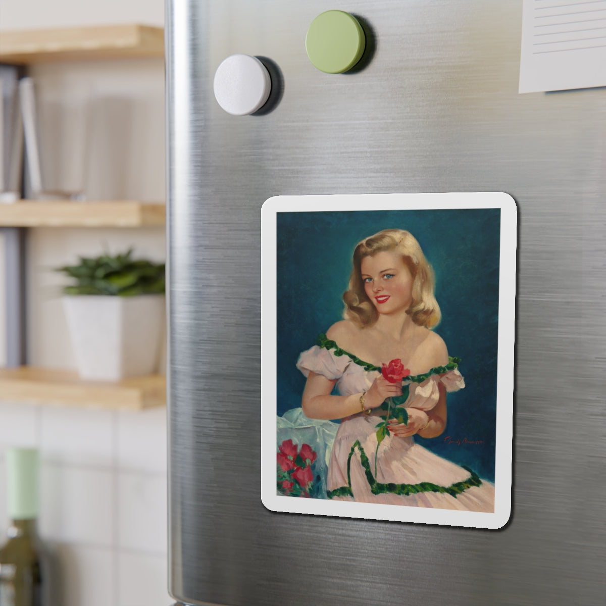 Seated Blonde with Red Roses (Magazine Illustration) Refrigerator Magnet-The Sticker Space