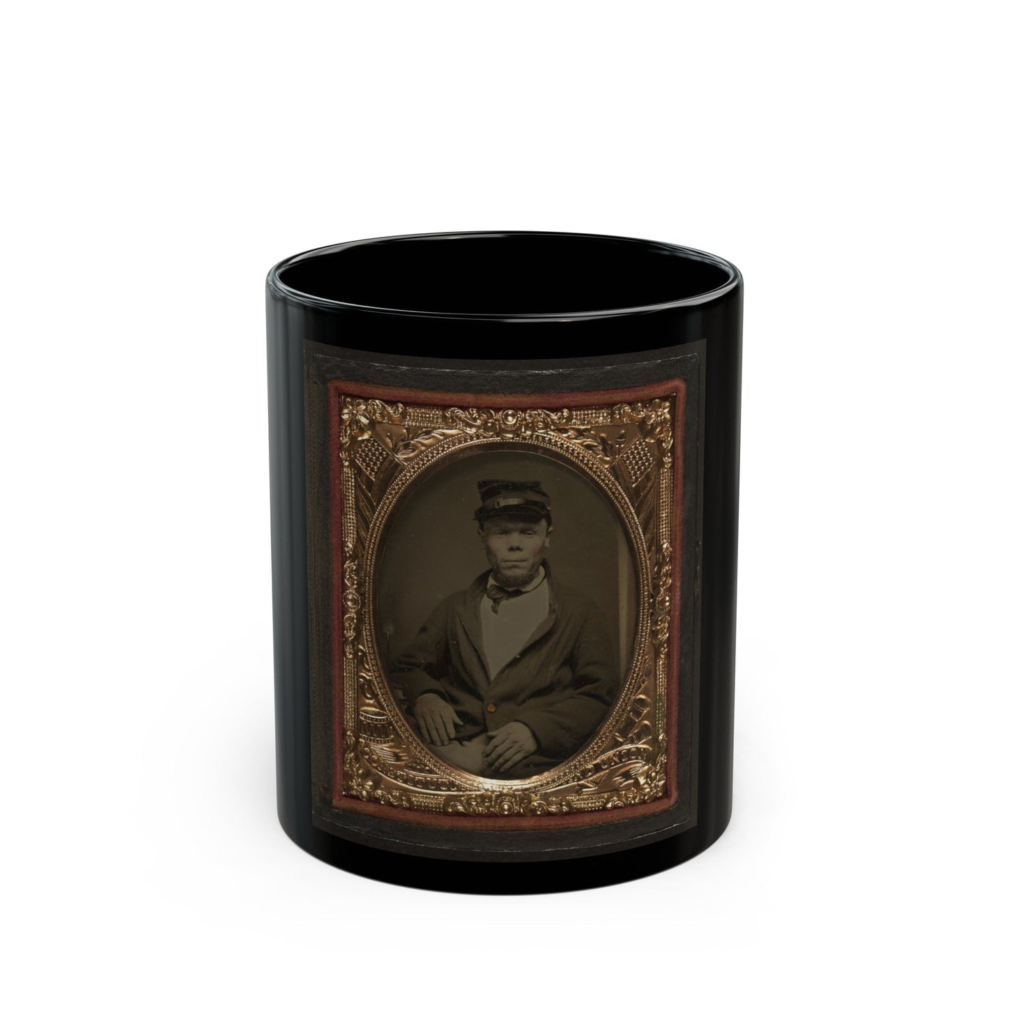 Seated Soldier Wearing Four Button Sack With Kepi, Patriotic Matte (U.S. Civil War) Black Coffee Mug-11oz-The Sticker Space