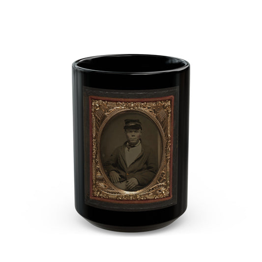 Seated Soldier Wearing Four Button Sack With Kepi, Patriotic Matte (U.S. Civil War) Black Coffee Mug-15oz-The Sticker Space