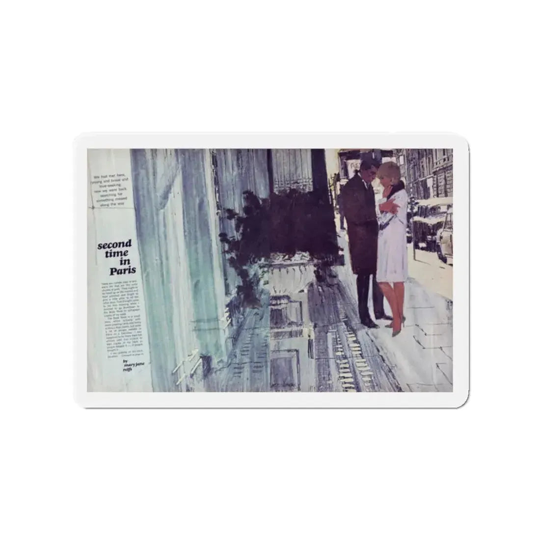 Second time in Paris, Chatelaine, August 1967 (Magazine Illustration) Refrigerator Magnet 2 Inch Die-Cut - The Sticker Space