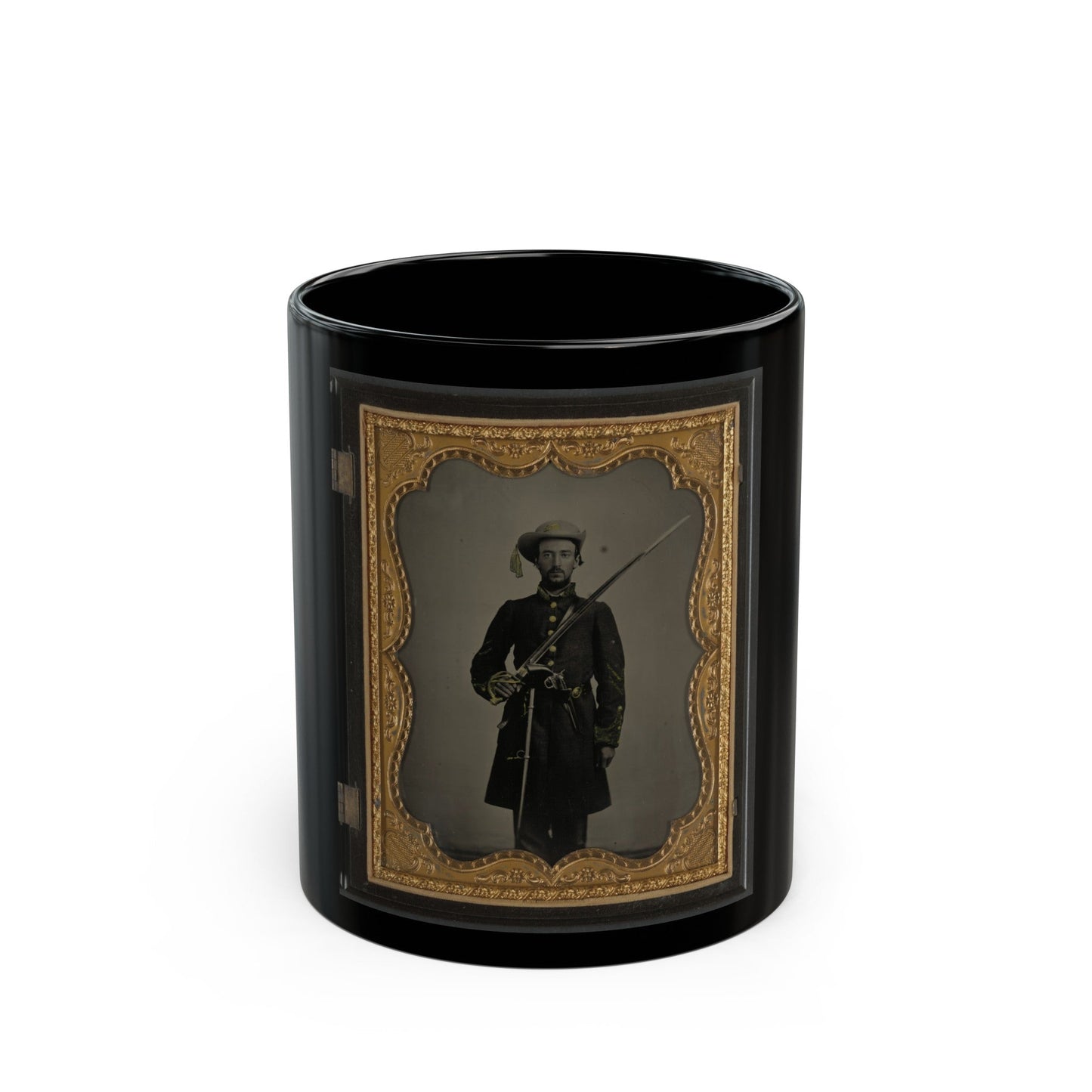 Sergeant John E. Barlow Of 2nd Co. M, 1st Mississippi Cavalry Regiment With Sword And Revolver (U.S. Civil War) Black Coffee Mug-11oz-The Sticker Space