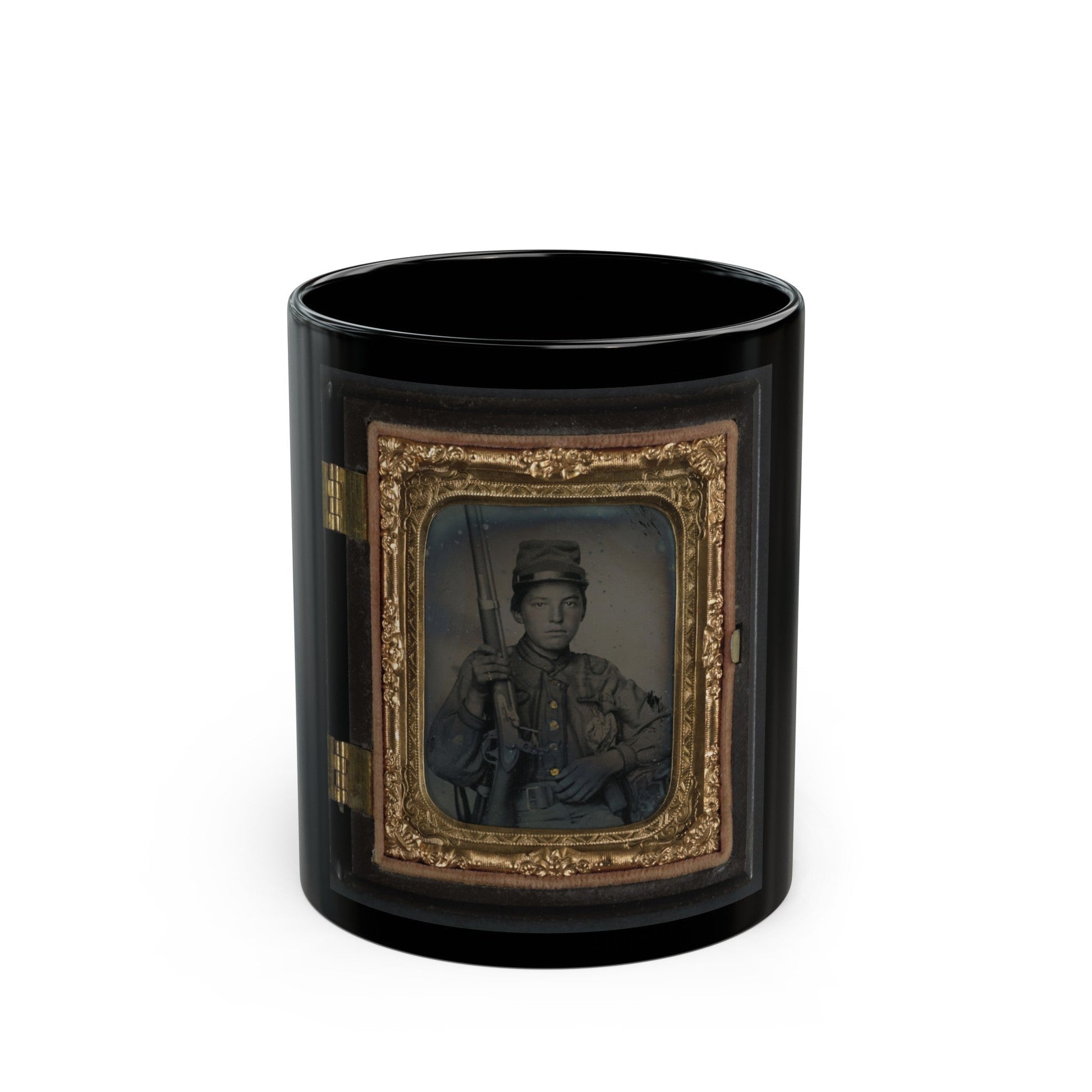 Sergeant William T. Biedler, 16 Years Old, Of Company C, Mosby's Virginia Cavalry Regiment With Flintlock Musket (U.S. Civil War) Black Coffee Mug-11oz-The Sticker Space