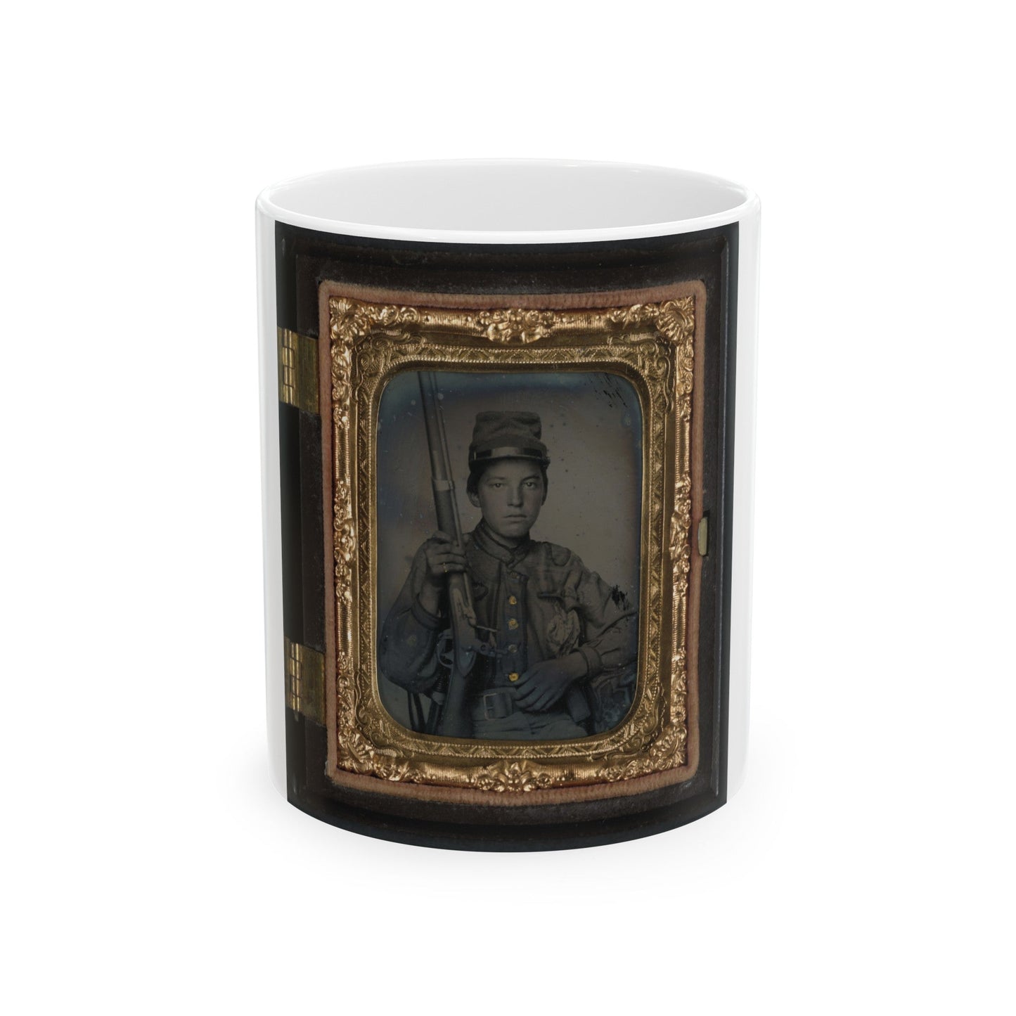 Sergeant William T. Biedler, 16 Years Old, Of Company C, Mosby's Virginia Cavalry Regiment With Flintlock Musket (U.S. Civil War) White Coffee Mug-11oz-The Sticker Space