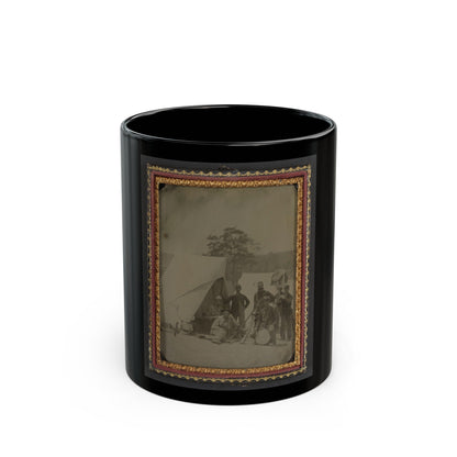 Seven Unidentified Soldiers In Union Uniforms With Drum And Stacked Rifles In Front Of Tent (U.S. Civil War) Black Coffee Mug-11oz-The Sticker Space