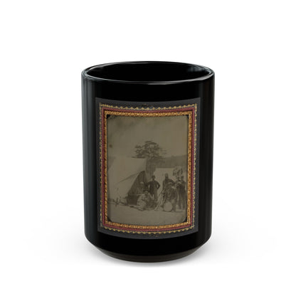 Seven Unidentified Soldiers In Union Uniforms With Drum And Stacked Rifles In Front Of Tent (U.S. Civil War) Black Coffee Mug-15oz-The Sticker Space