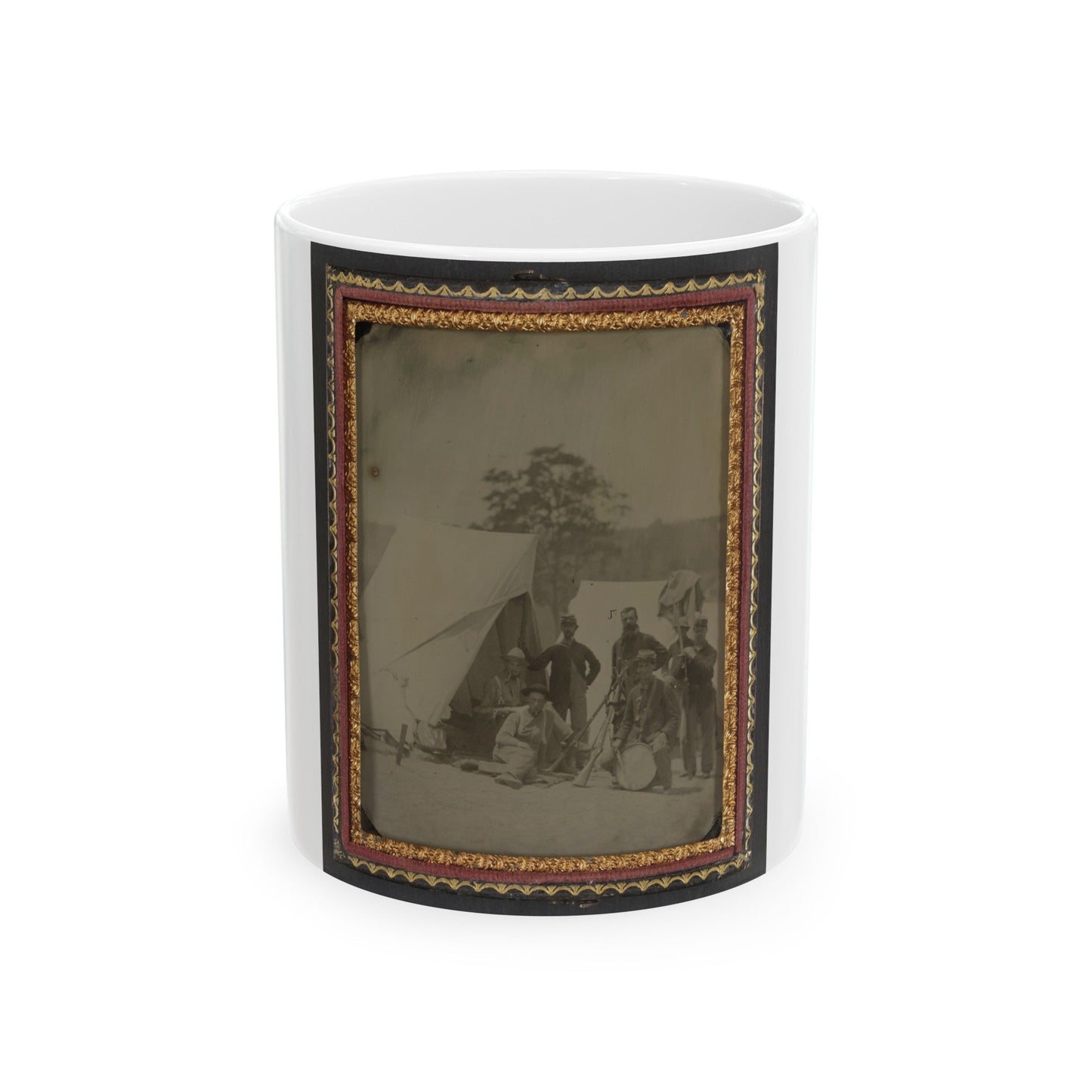 Seven Unidentified Soldiers In Union Uniforms With Drum And Stacked Rifles In Front Of Tent (U.S. Civil War) White Coffee Mug-11oz-The Sticker Space