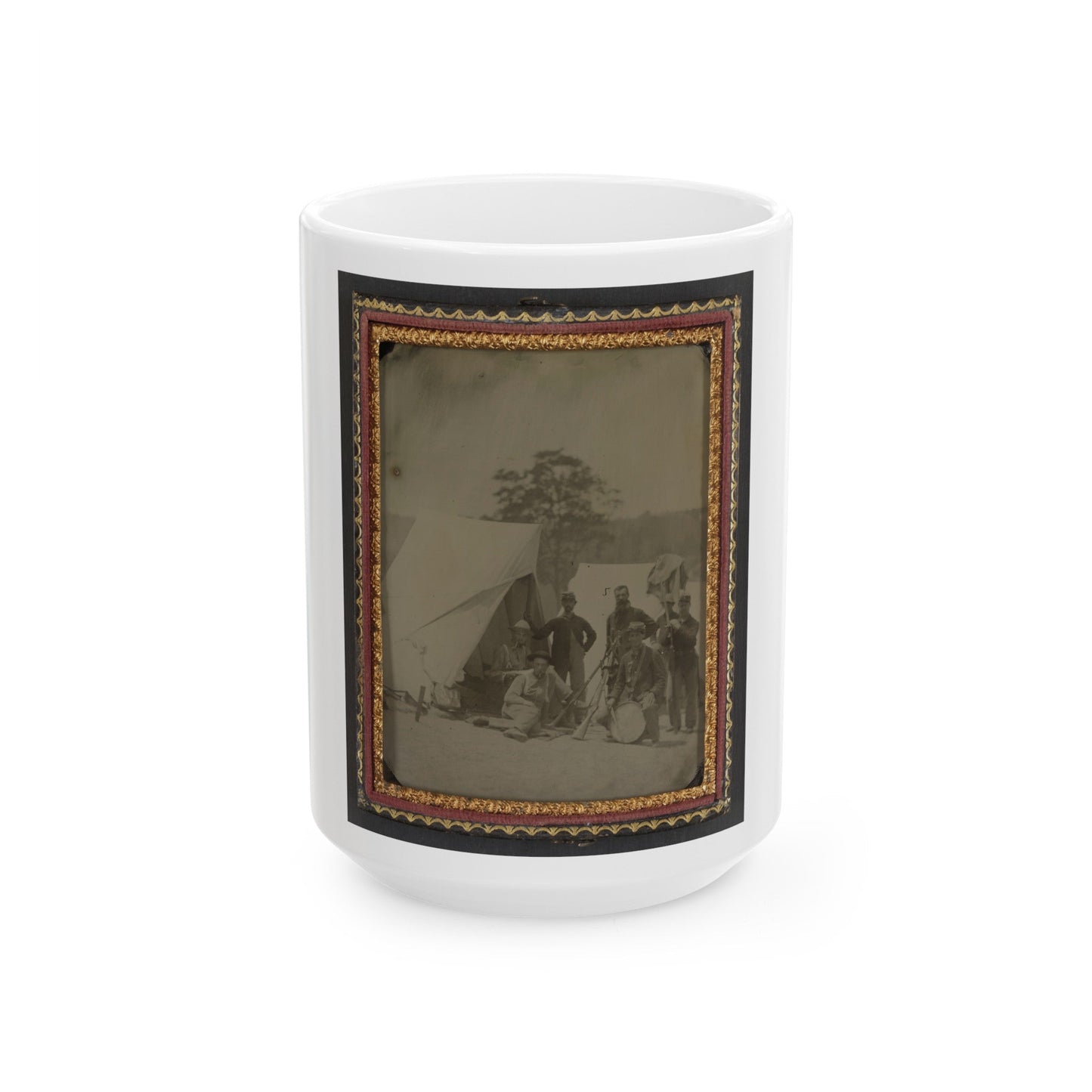 Seven Unidentified Soldiers In Union Uniforms With Drum And Stacked Rifles In Front Of Tent (U.S. Civil War) White Coffee Mug-15oz-The Sticker Space