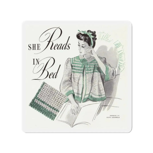 She Reads In Bed, Companion Magazine, December 1941 (Magazine Illustration) Refrigerator Magnet 2 Inch Die-Cut - The Sticker Space