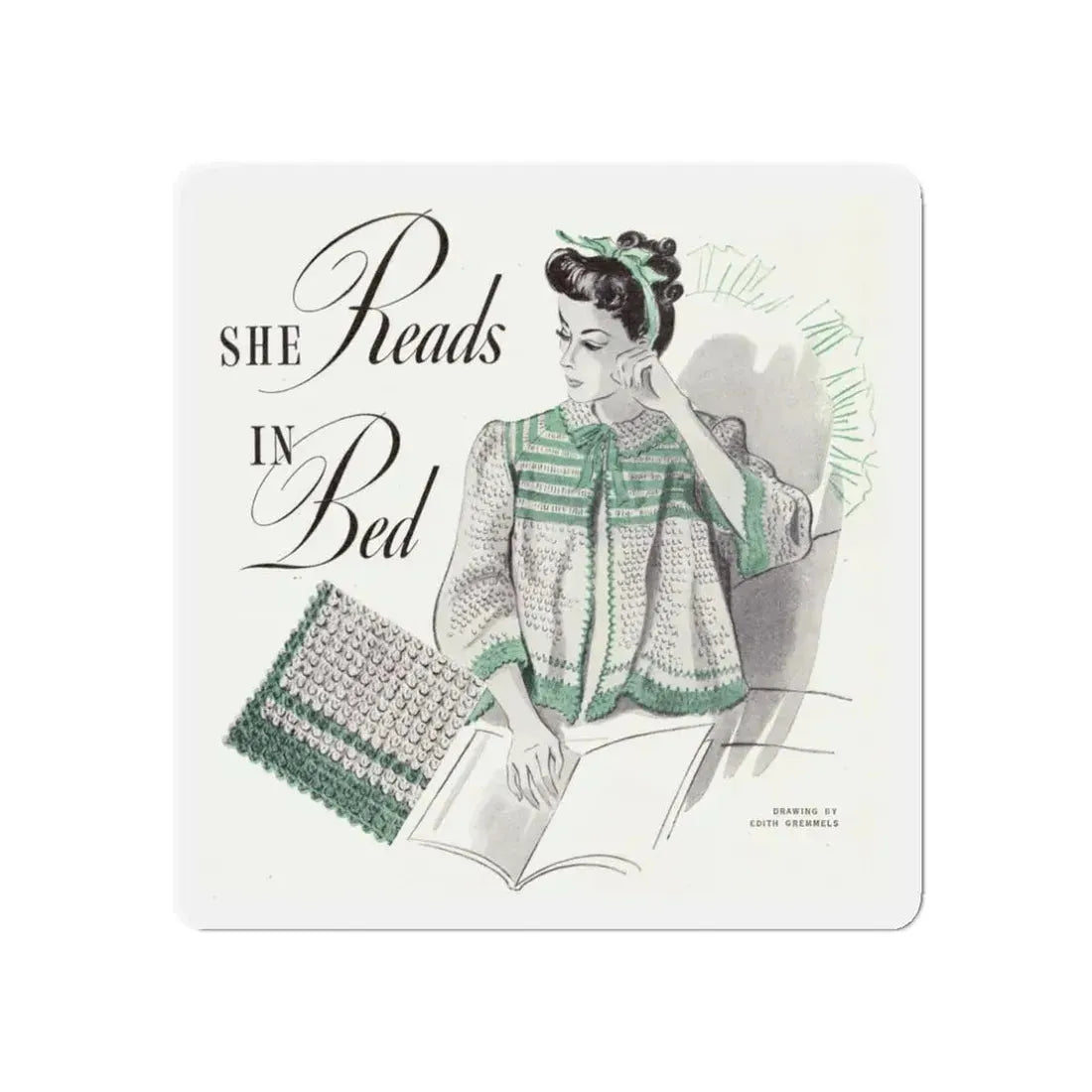 She Reads In Bed, Companion Magazine, December 1941 (Magazine Illustration) Refrigerator Magnet 3 Inch Die-Cut - The Sticker Space