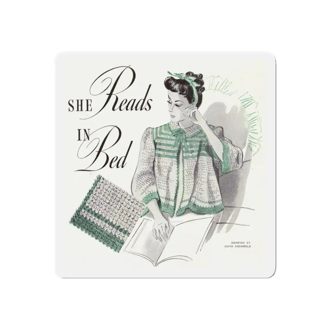 She Reads In Bed, Companion Magazine, December 1941 (Magazine Illustration) Refrigerator Magnet 4 Inch Die-Cut - The Sticker Space
