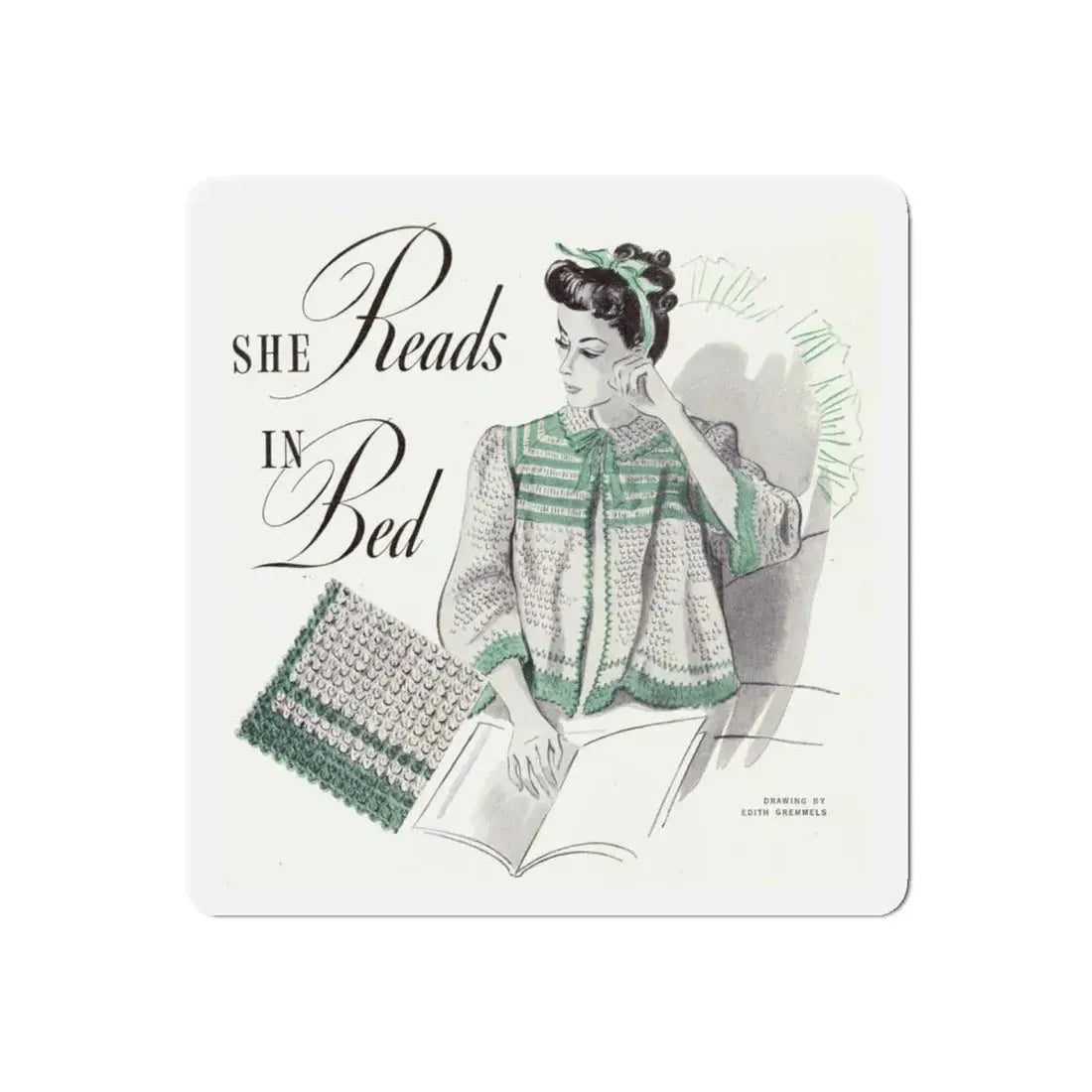 She Reads In Bed, Companion Magazine, December 1941 (Magazine Illustration) Refrigerator Magnet 5 Inch Die-Cut - The Sticker Space