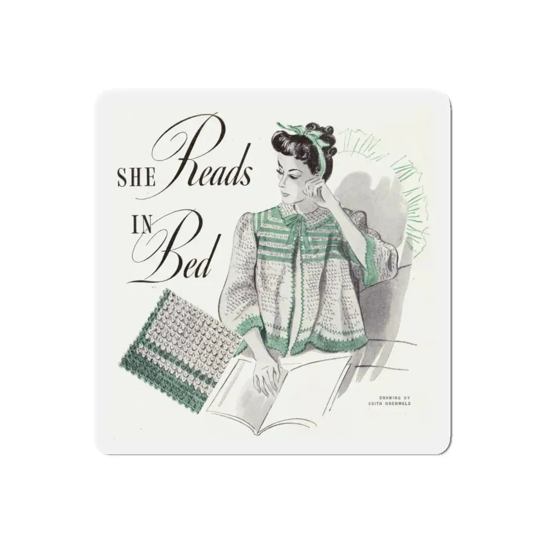 She Reads In Bed, Companion Magazine, December 1941 (Magazine Illustration) Refrigerator Magnet 6 Inch Die-Cut - The Sticker Space