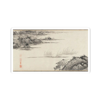 Grey ink wash landscape of misty hills, reed clusters and a thatched lakeside pavilion on pale paper.