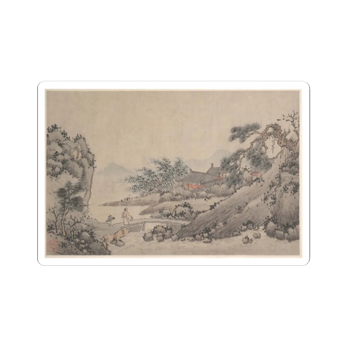 Shen Zhou - Landscape with Man Crossing Bridge - unknown - STICKER Vinyl Kiss-Cut Decal